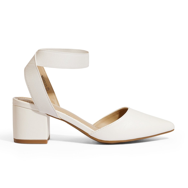 Pointed Toe Pumps with Ankle Strap - WHITE PU - 1